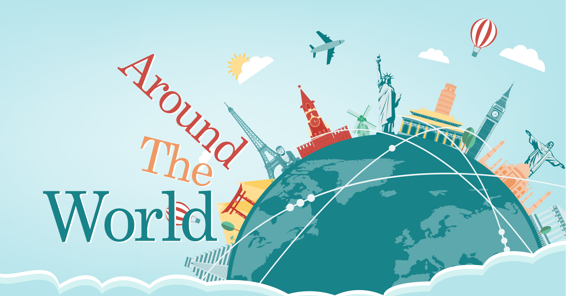 Airplane and compass over a world travel collage